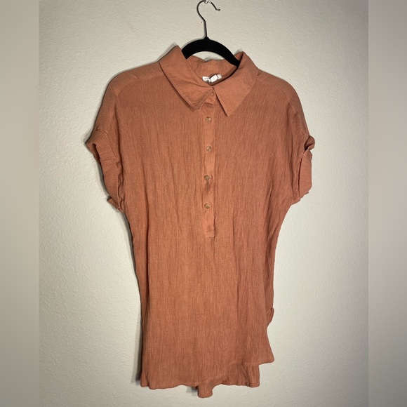 Women's Peach Color Airy Button Down Polo Cuff Sleeve Top - Picture 4 of 7